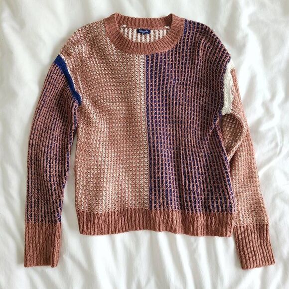 Splendid Pullover Sweater Women's Small Brown Colorblock Crew Neck Tight Knit - Picture 1 of 5